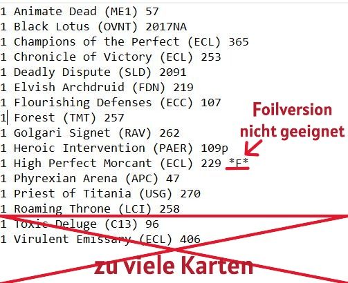 schlechte Bestellung - Bsp. Foil Karten, zu viele Karten